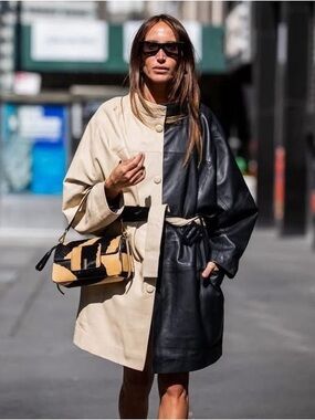 Gestuz Leather Two-Tone Black and Cream Leather Coat